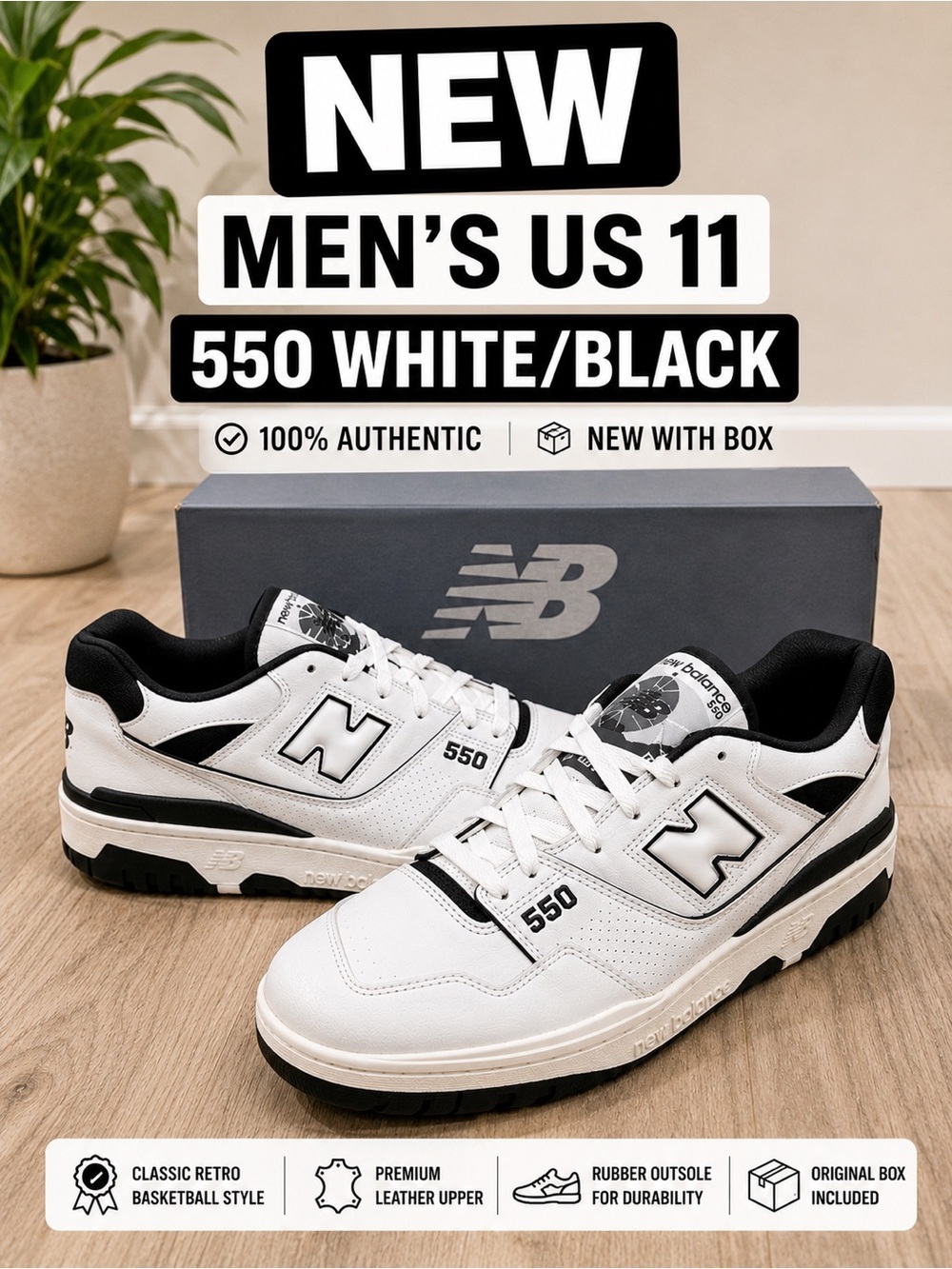 New Balance 550 BB550HA1 White Black Men’s Sneakers US 11 New w/ Box